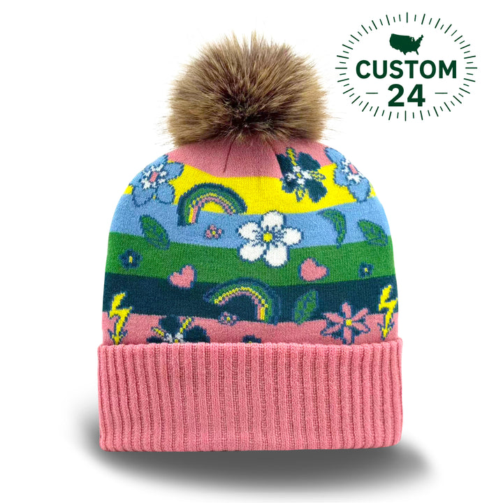 Kids Rainbow Flower Pattern Pom Knit Beanie Winter Hat