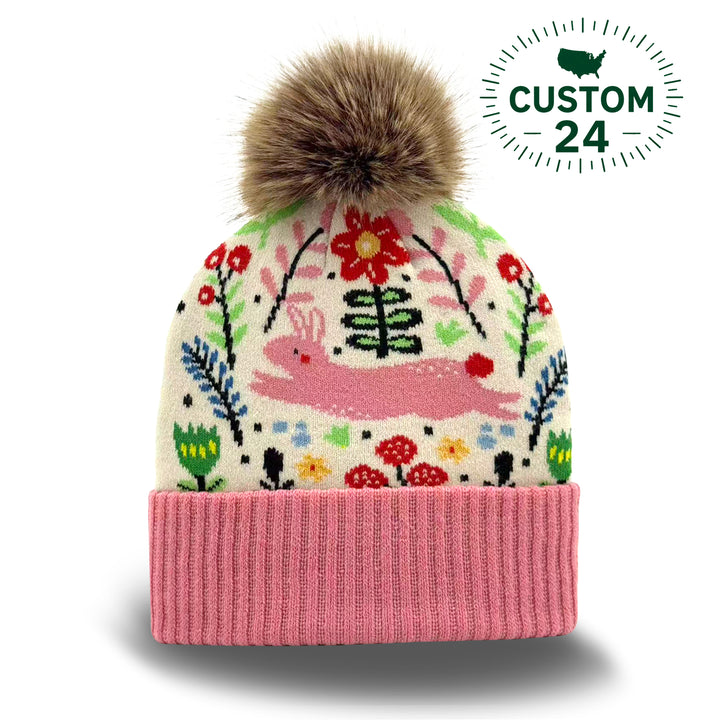 Kids Garden Flower Pattern Pom Knit Beanie Winter Hat