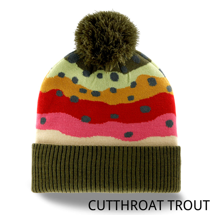Trout Pattern Knit Beanie Hat with Pom | Speckled Fishing Outdoor Ribbed Cuffed Winter Cap