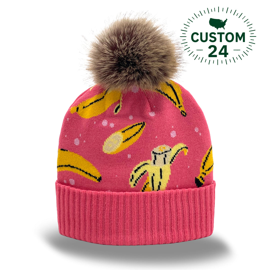 Banana Jacquard Pom Beanie | Family Matching Winter Knit Hat with Faux Fur Pom | Kids & Adult Size