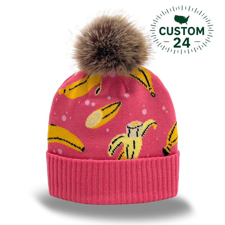 Banana Jacquard Pom Beanie | Family Matching Winter Knit Hat with Faux Fur Pom | Kids & Adult Size