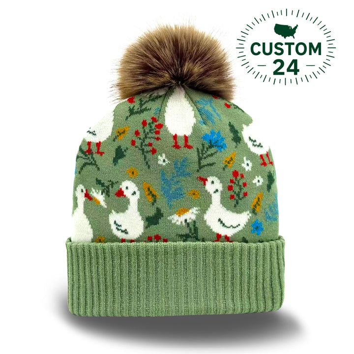 Kids Goose Pattern Pom Knit Beanie Cozy Winter Gift
