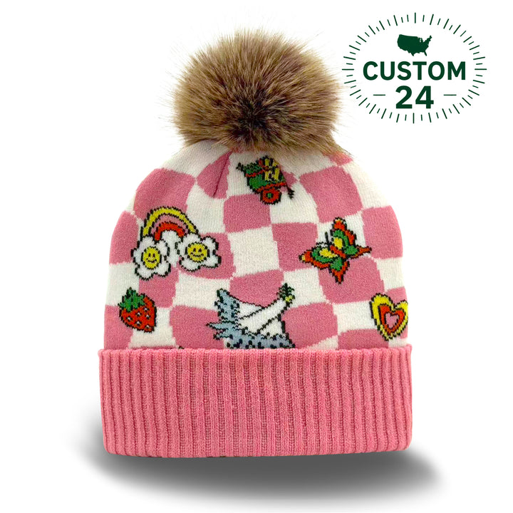 Kids Sticker Pattern Pom Knit Beanie Cozy Winter Gift
