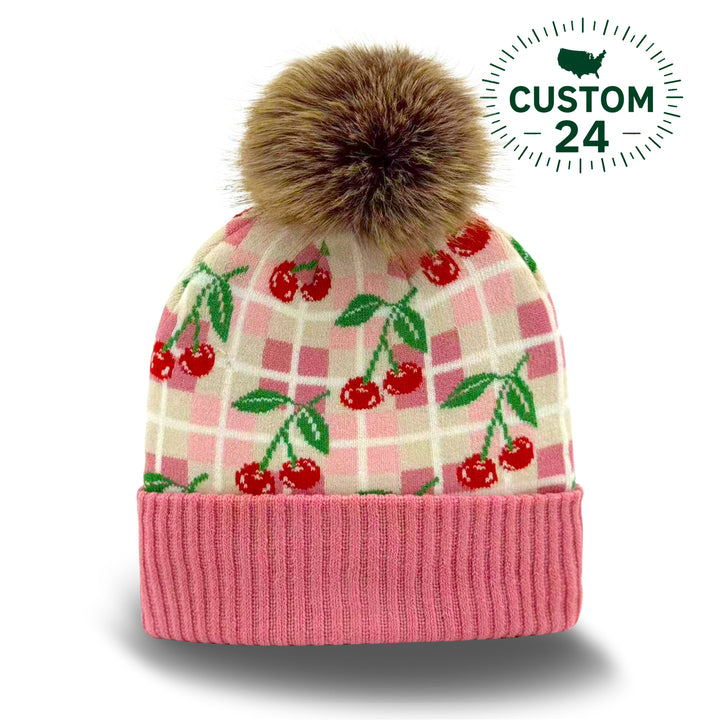 Kids Cherry Pattern Pom Knit Beanie Winter Hat