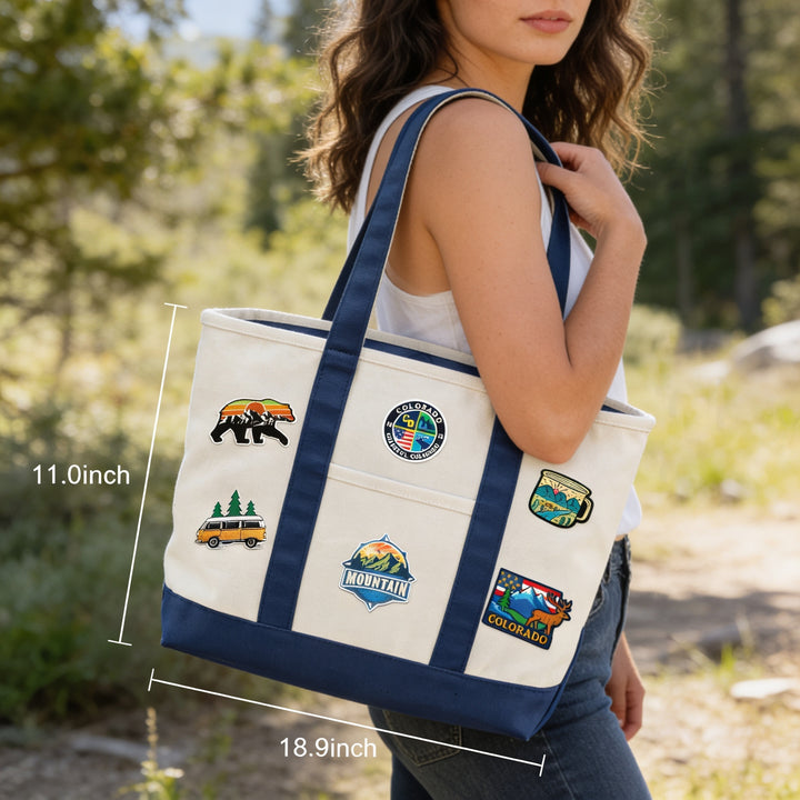 Colorado Adventure Patch Canvas Tote Bag – Mountain Travel Graphic Carryall