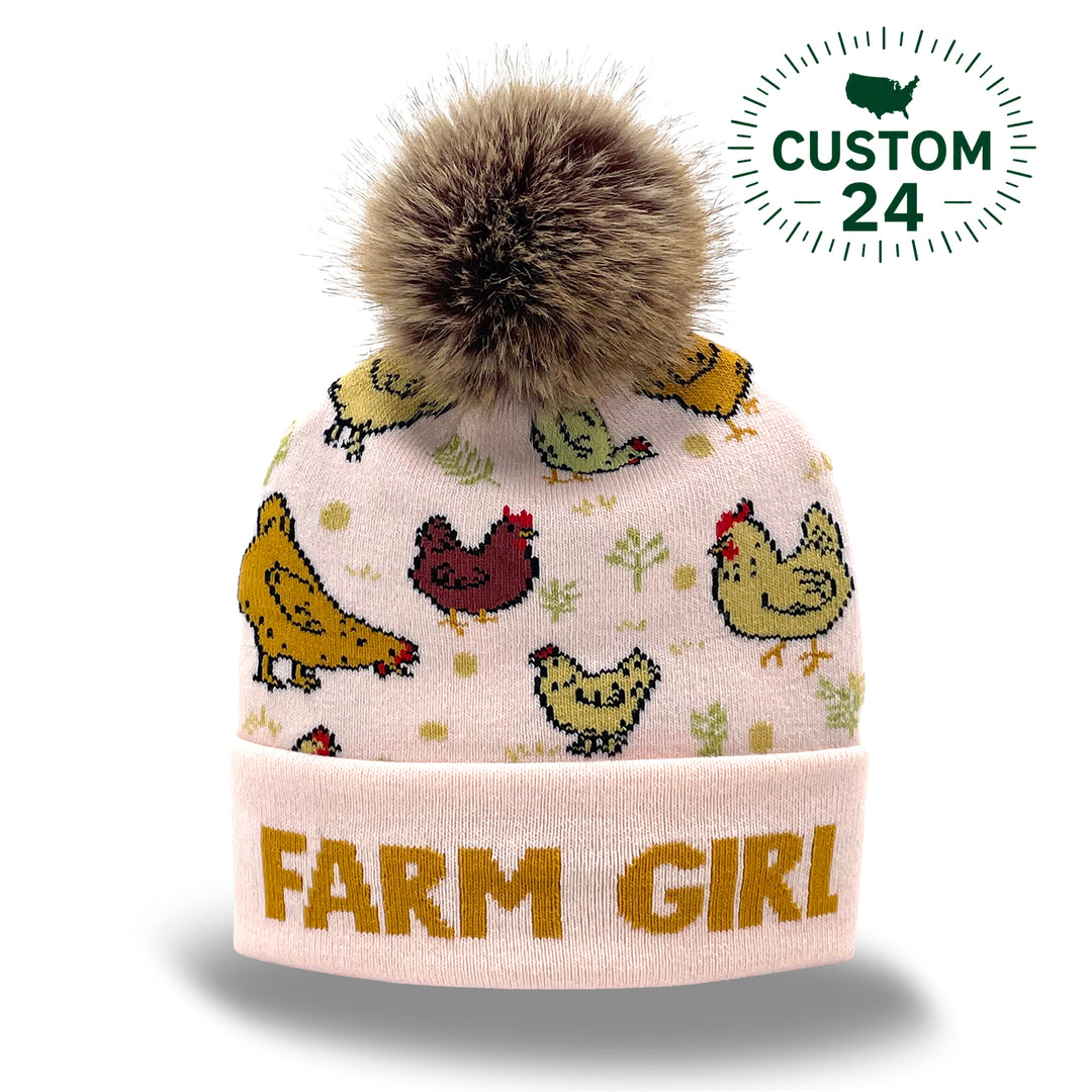 Farm Animal Jacquard Pom Beanie | Family Matching Winter Knit Hat with Faux Fur Pom