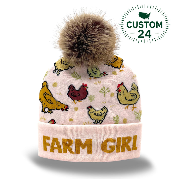 Farm Animal Jacquard Pom Beanie | Family Matching Winter Knit Hat with Faux Fur Pom