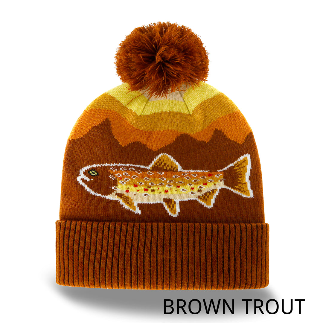 Rainbow Trout Knit Beanie Hat with Pom | Outdoor Fishing Mountain Winter Ribbed Cuffed Cap