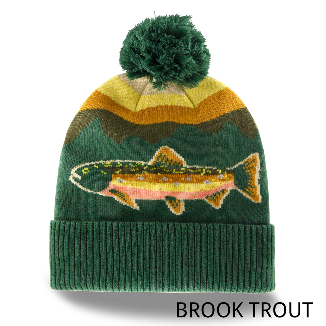 Rainbow Trout Knit Beanie Hat with Pom | Outdoor Fishing Mountain Winter Ribbed Cuffed Cap