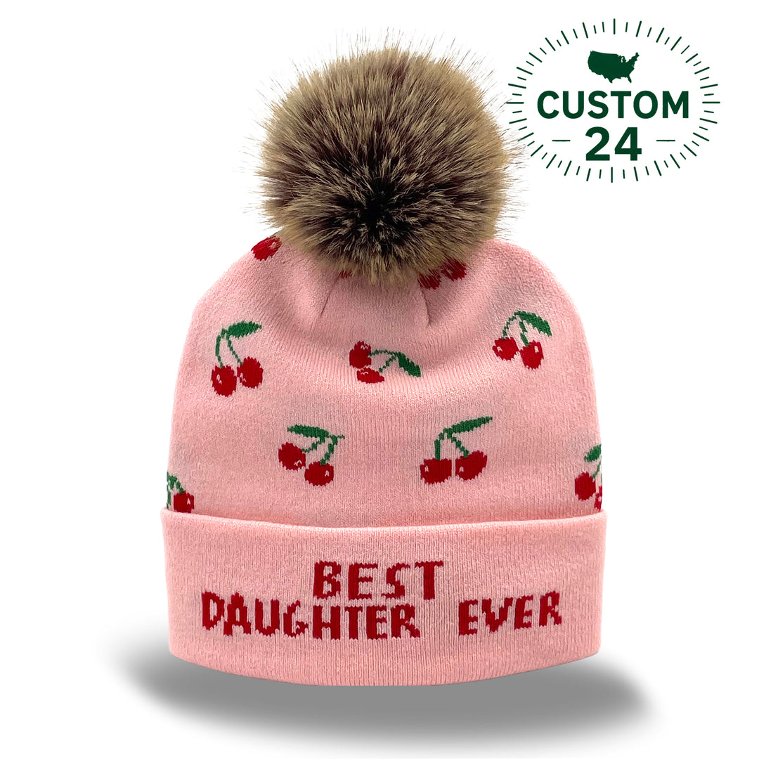 Cherry Jacquard Pom Beanie | Family Matching Winter Knit Hat with Faux Fur Pom