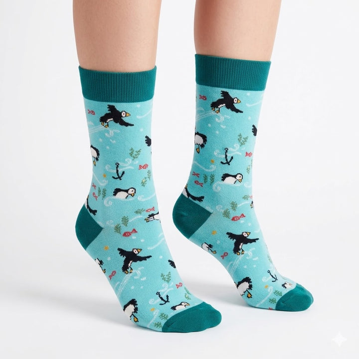 Seaside Puffin Wildlife Crew Socks for Coastal Adventure Lovers