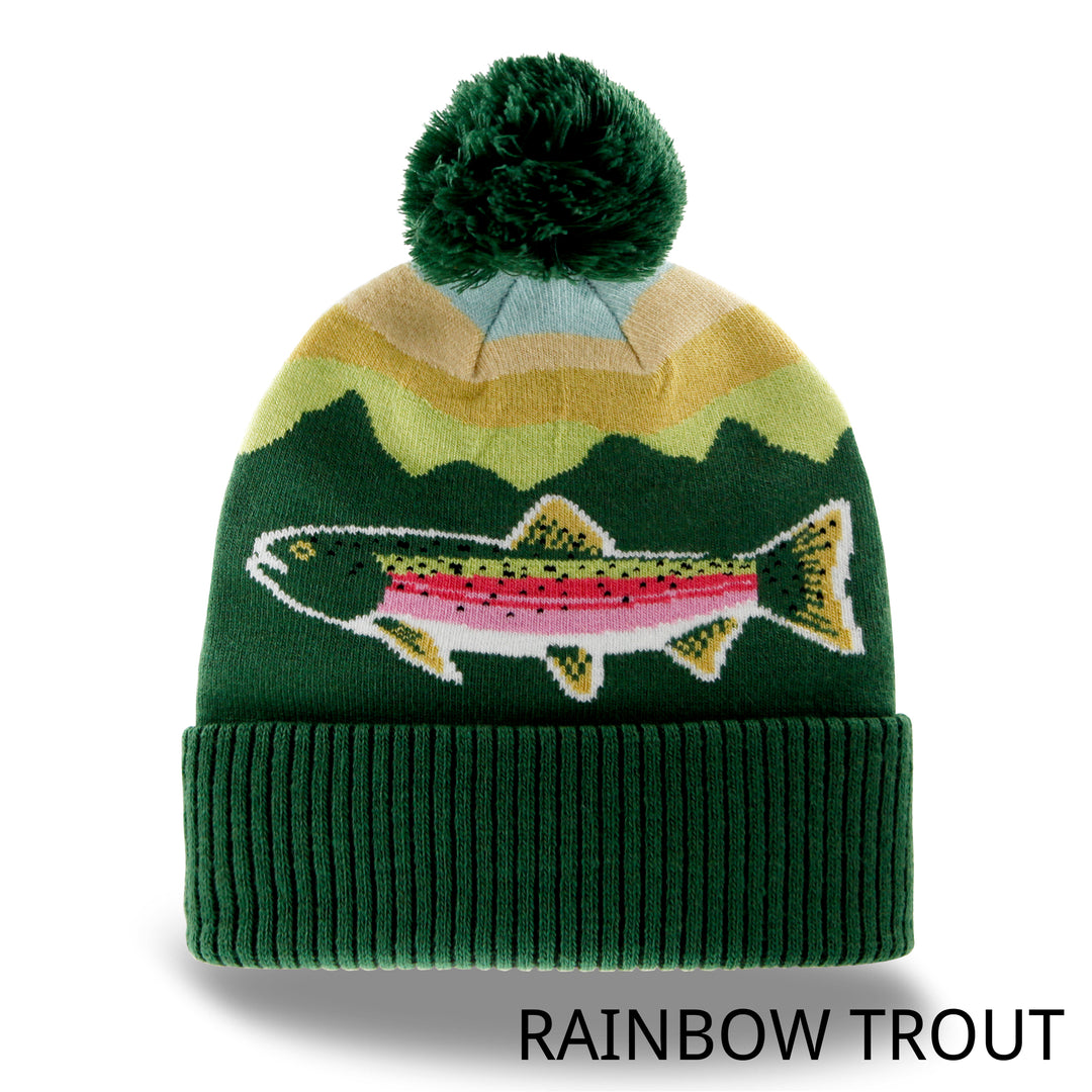Rainbow Trout Knit Beanie Hat with Pom | Outdoor Fishing Mountain Winter Ribbed Cuffed Cap