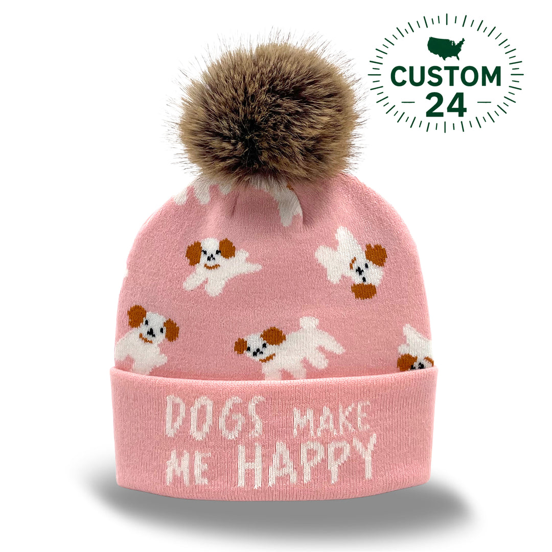 Dog Jacquard Pom Beanie | Family Matching Winter Knit Hat with Faux Fur Pom