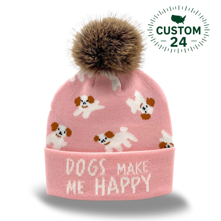 Dog Jacquard Pom Beanie | Family Matching Winter Knit Hat with Faux Fur Pom