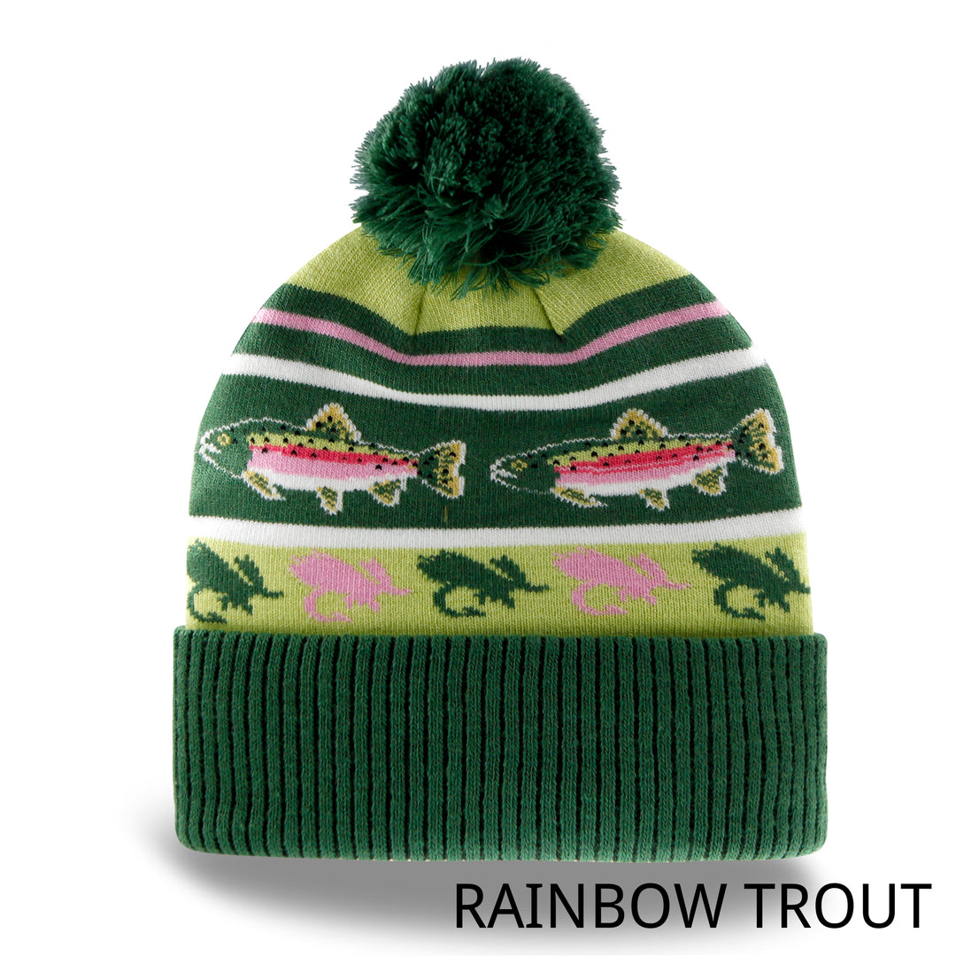 Rainbow Trout Knit Beanie with Pom Pom Winter Hat Fishing Lure Outdoor Camp Gear