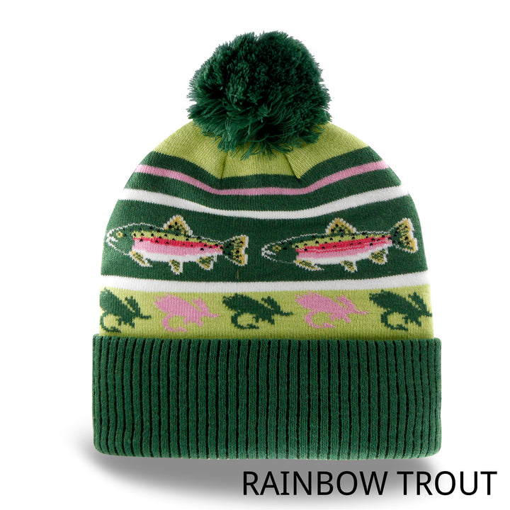 Rainbow Trout Knit Beanie with Pom Pom Winter Hat Fishing Lure Outdoor Camp Gear
