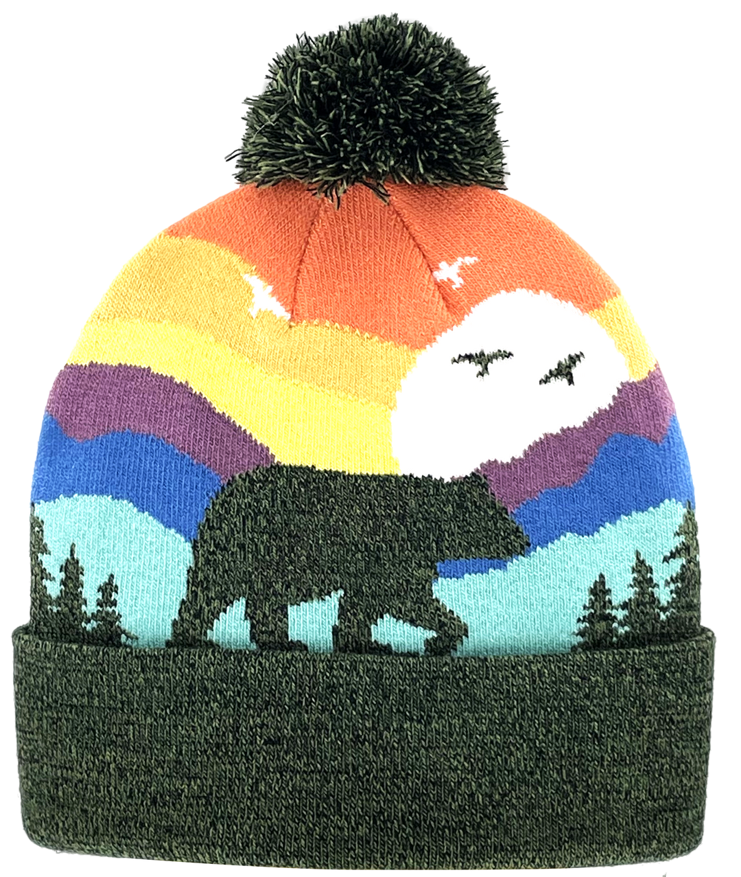 Bear Mountain Sunset Kids Beanie Hat with Pom Pom Winter Warm Knit Cap