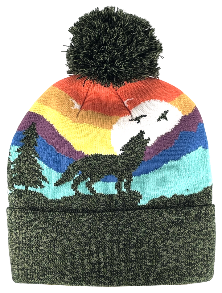 Kid Wolf Beanie Hat with Pom Pom Mountain Sunset Knit Cap