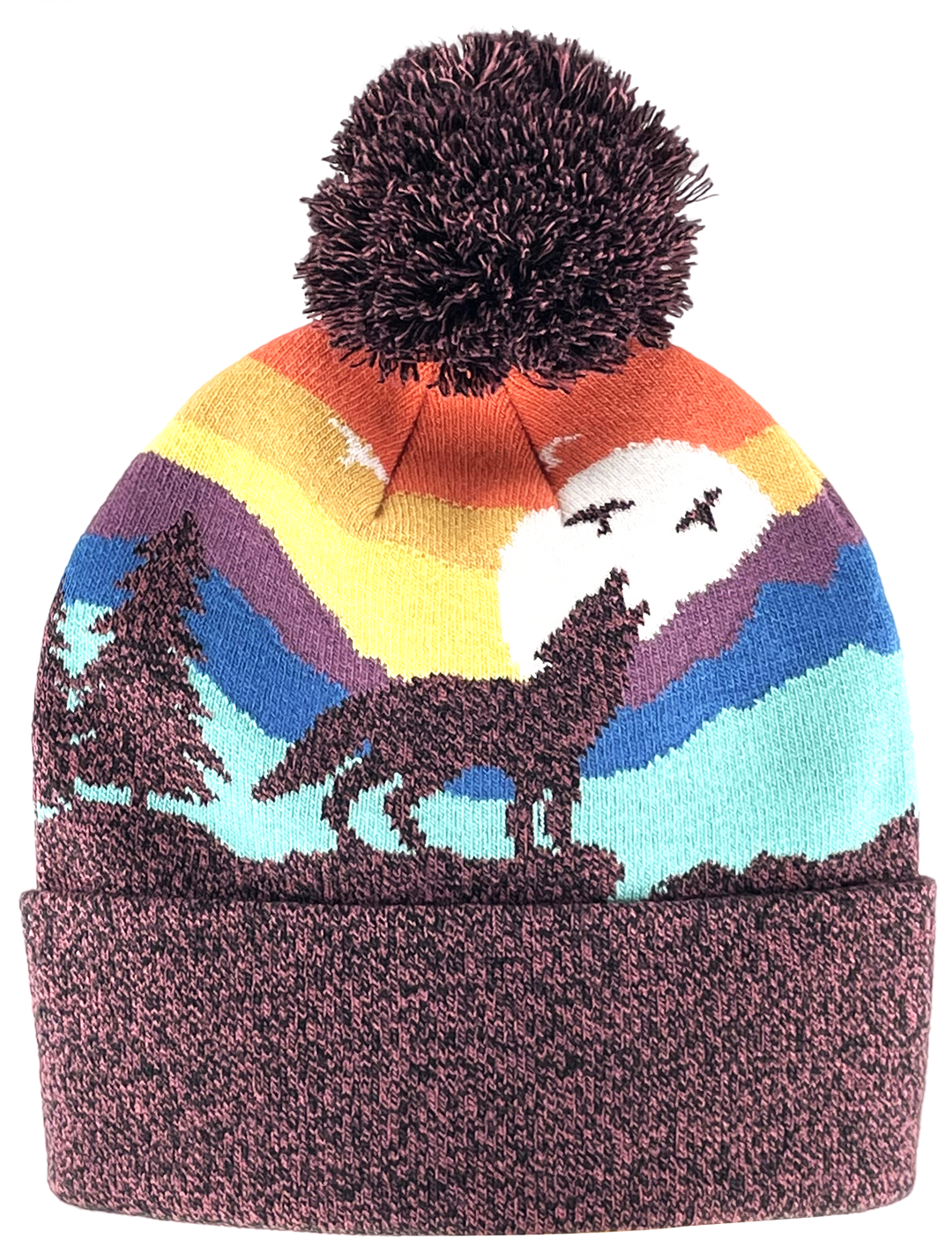 Kid Wolf Beanie Hat with Pom Pom Mountain Sunset Knit Cap