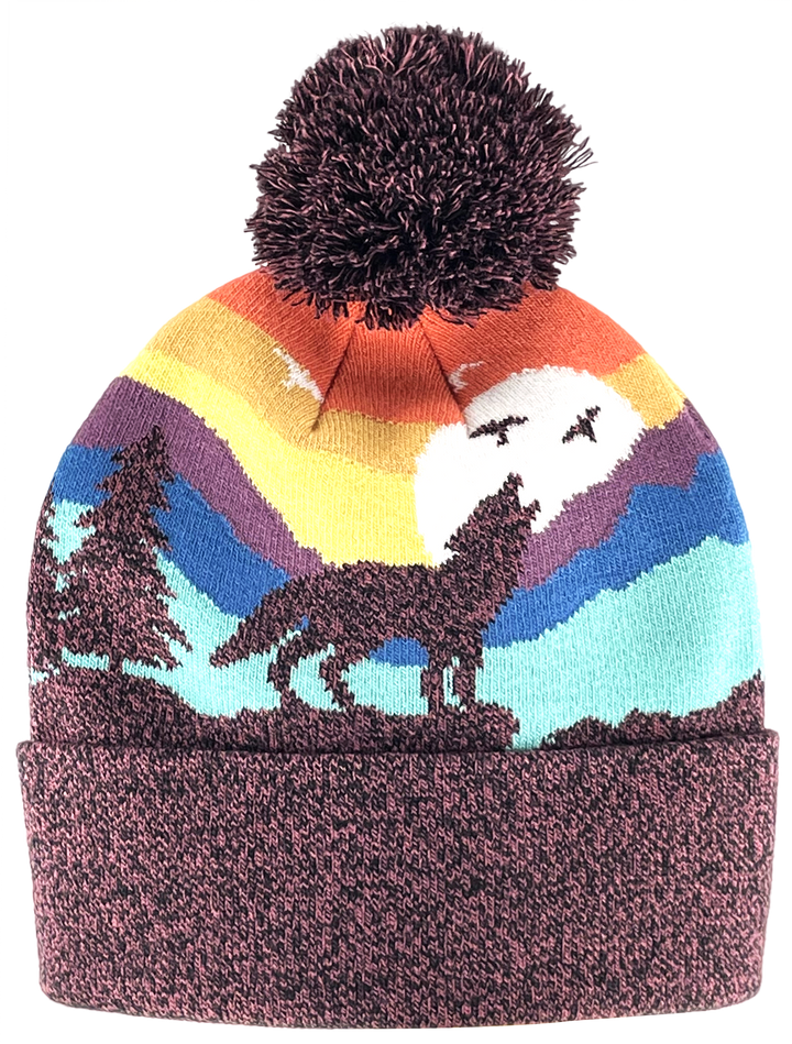 Kid Wolf Beanie Hat with Pom Pom Mountain Sunset Knit Cap