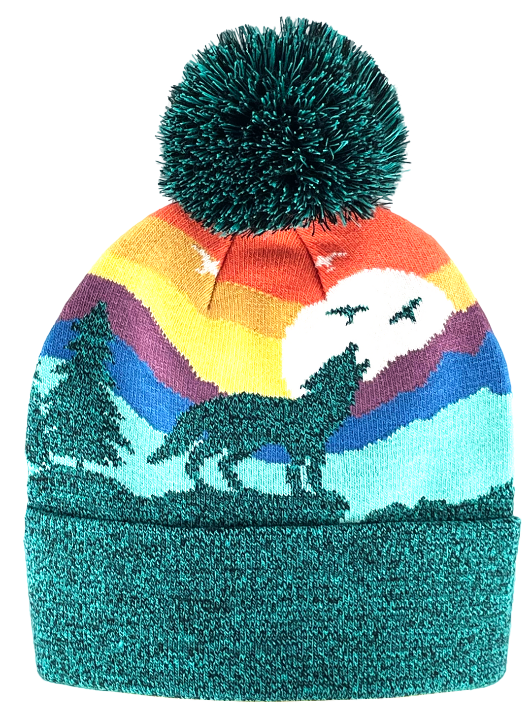 Kid Wolf Beanie Hat with Pom Pom Mountain Sunset Knit Cap