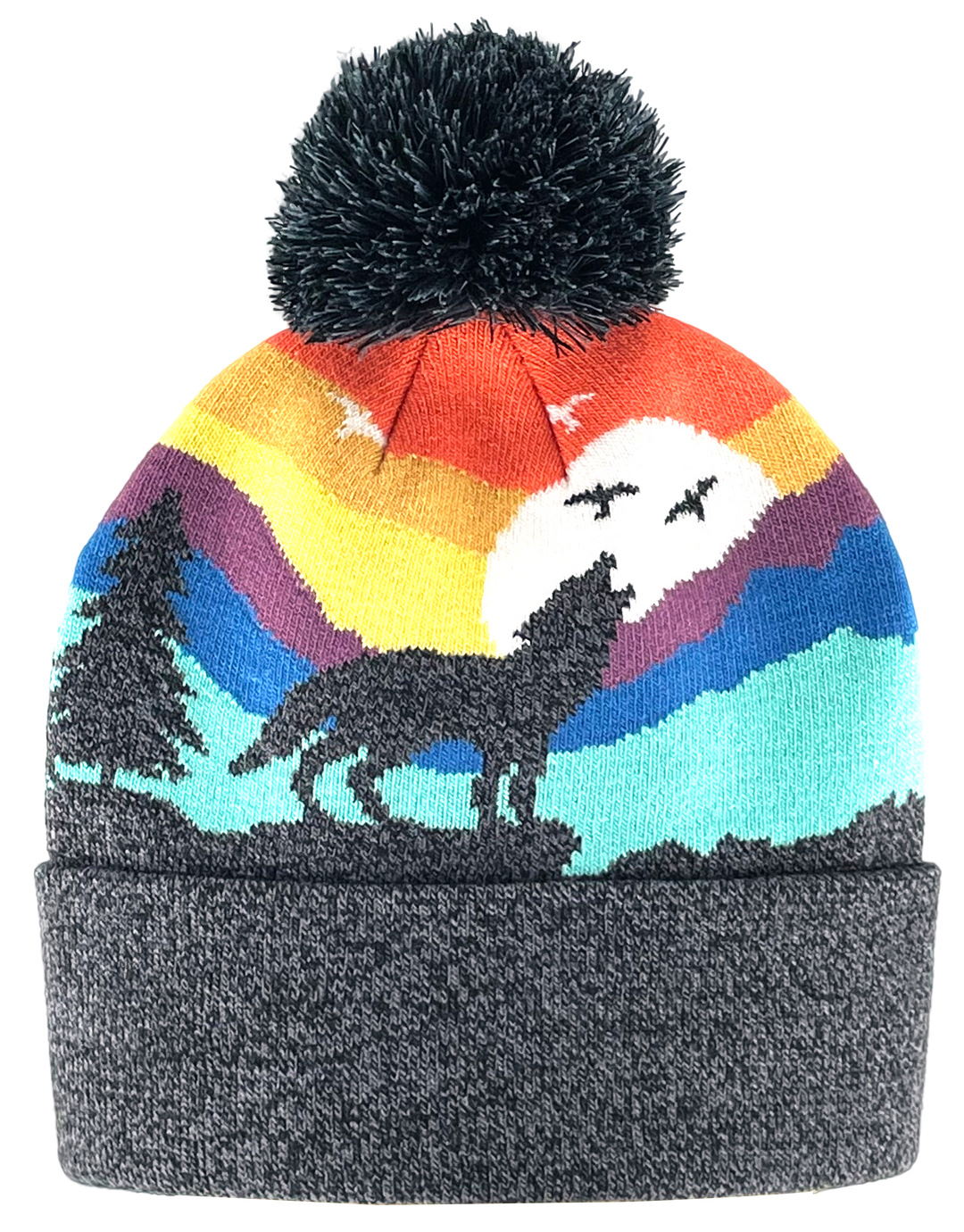 Kid Wolf Beanie Hat with Pom Pom Mountain Sunset Knit Cap