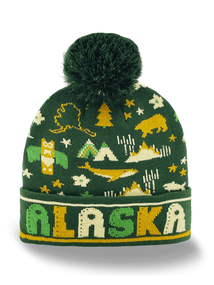 Alaska Knit Beanie with Bear, Whale, Mountains & State Icons