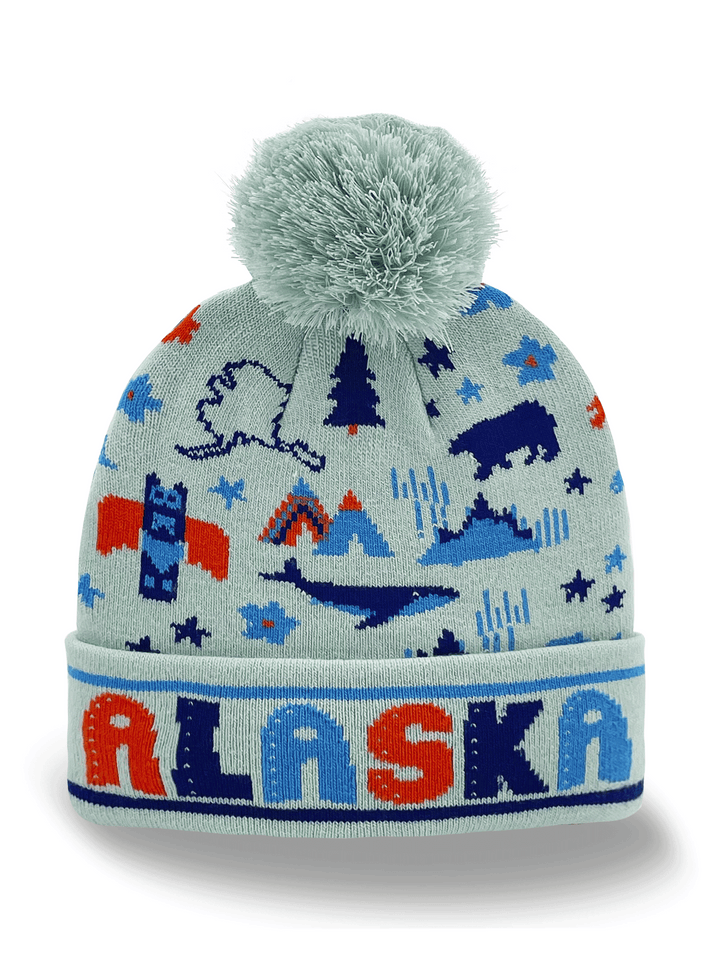 Alaska Knit Beanie with Bear, Whale, Mountains & State Icons