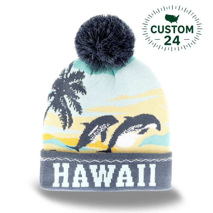 Hawaii Travel Souvenir Knit Beanie with Dolphins, Ocean, and Pom Pom