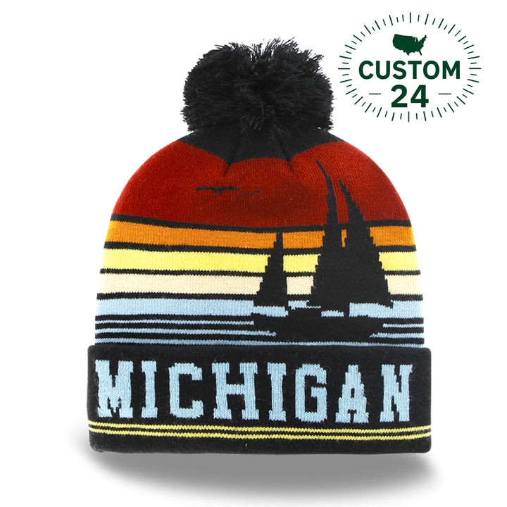 Michigan Great Lakes Knit Beanie with Sailboat, Sunset, and Pom Pom Winter Hat