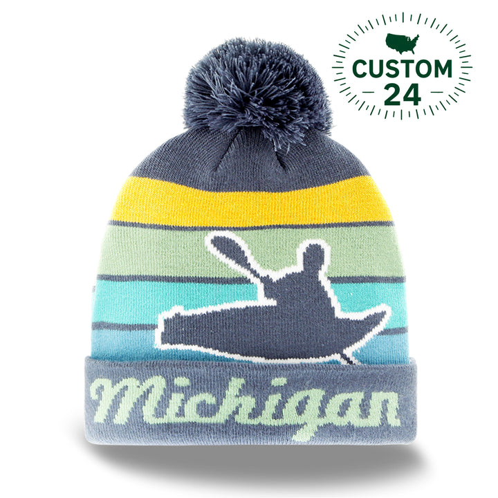 Michigan Canoe Paddle Adventure Knit Beanie Hat with Pom Winter Gift