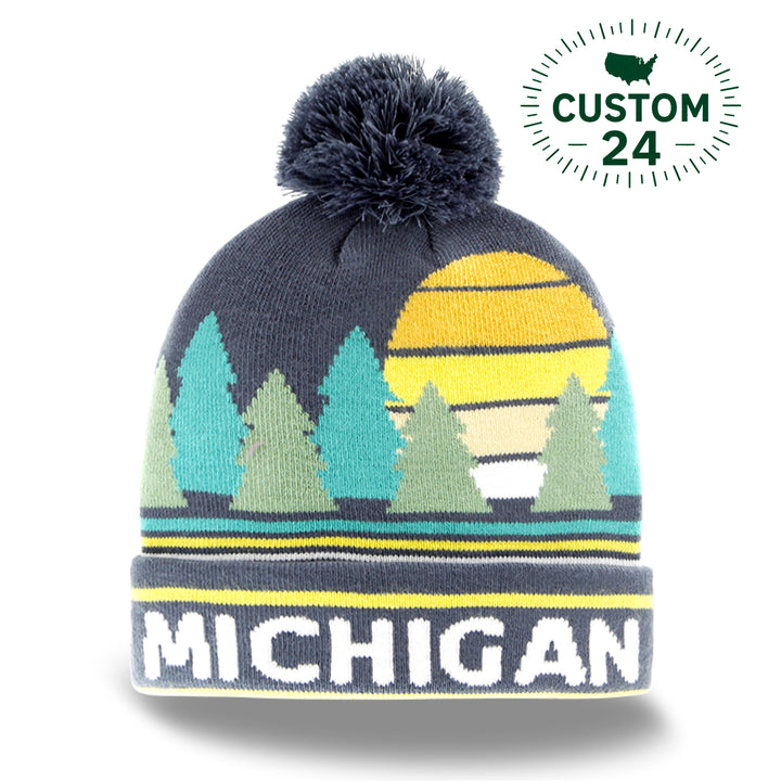 Michigan Winter Warm Knit Beanie with Sunset Forest Landscape Style
