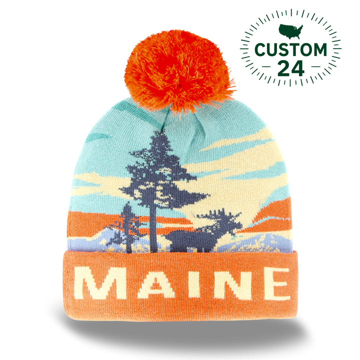 Maine Forest Scenic Knit Beanie Hat with Pom Pom Winter Souvenir