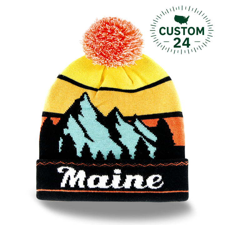 Maine Mountain Sunset Knit Beanie with Pom Pom Winter Hat