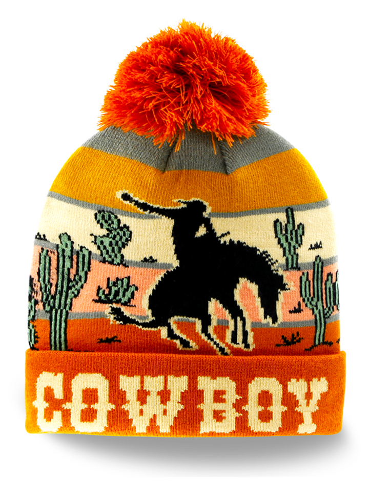 Cowboy Western Adventure Knit Beanie Pom Winter Hat for Travelers