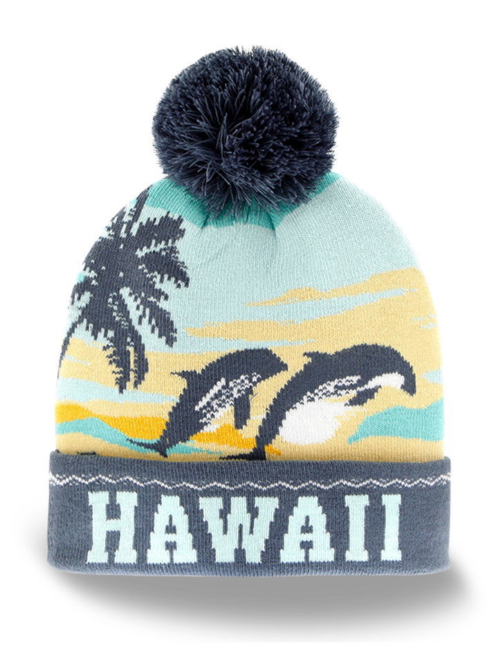 Hawaii Travel Souvenir Knit Beanie with Dolphins, Ocean, and Pom Pom