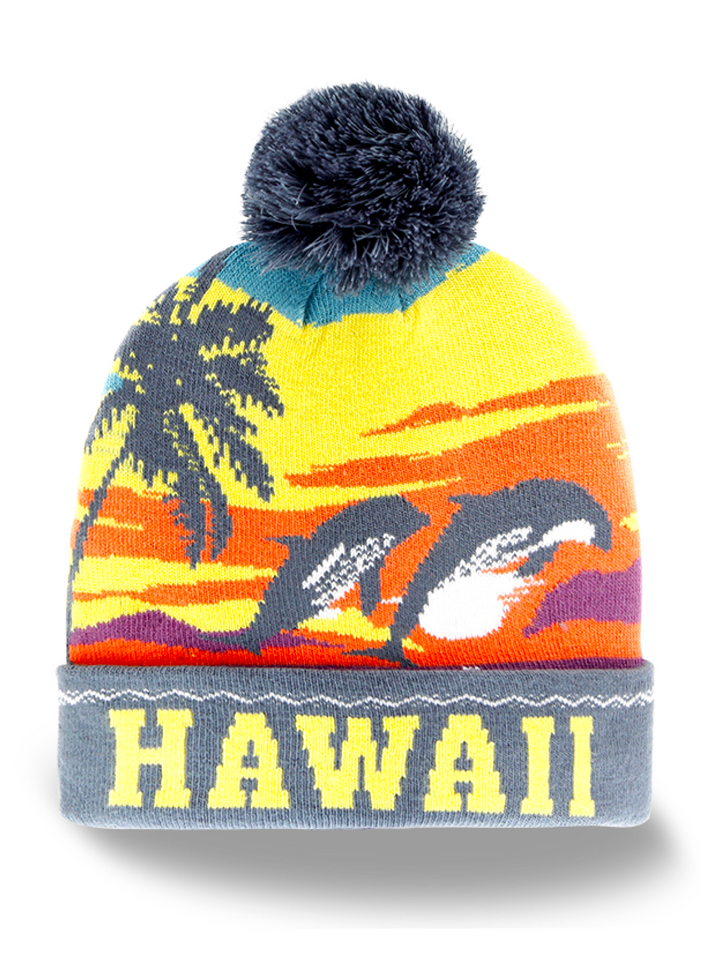Hawaii Travel Souvenir Knit Beanie with Dolphins, Ocean, and Pom Pom
