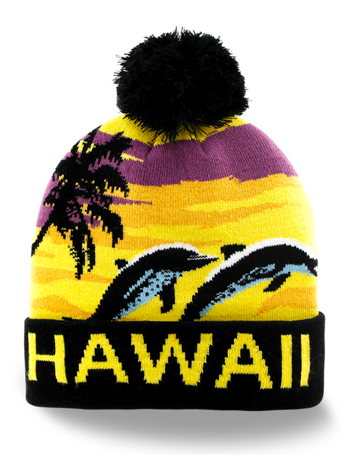 Hawaii Travel Souvenir Knit Beanie with Dolphins, Ocean, and Pom Pom