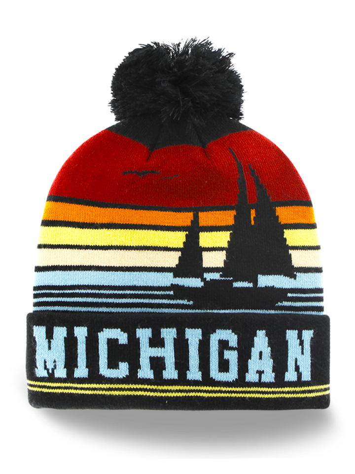 Michigan Great Lakes Knit Beanie with Sailboat, Sunset, and Pom Pom Winter Hat