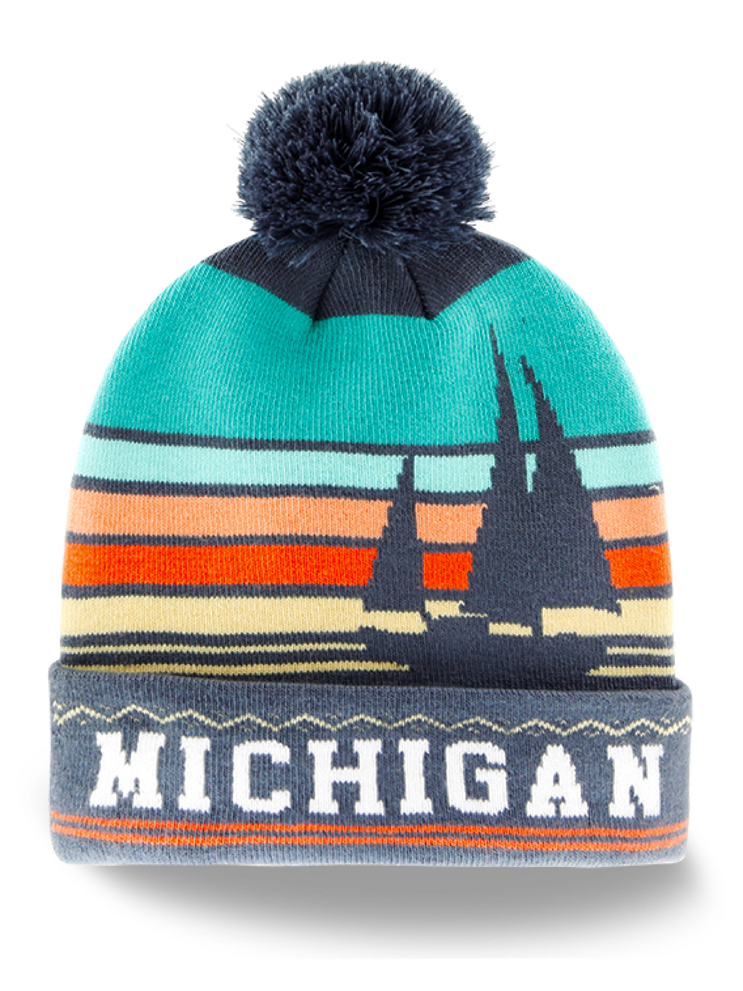Michigan Great Lakes Knit Beanie with Sailboat, Sunset, and Pom Pom Winter Hat