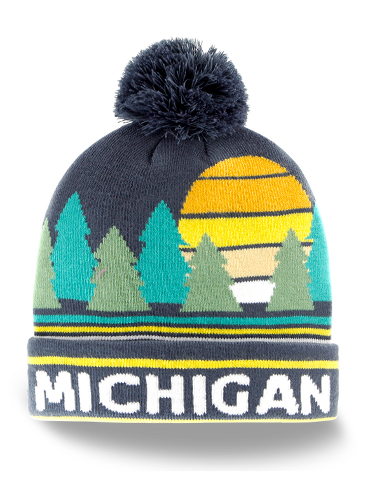 Michigan Winter Warm Knit Beanie with Sunset Forest Landscape Style