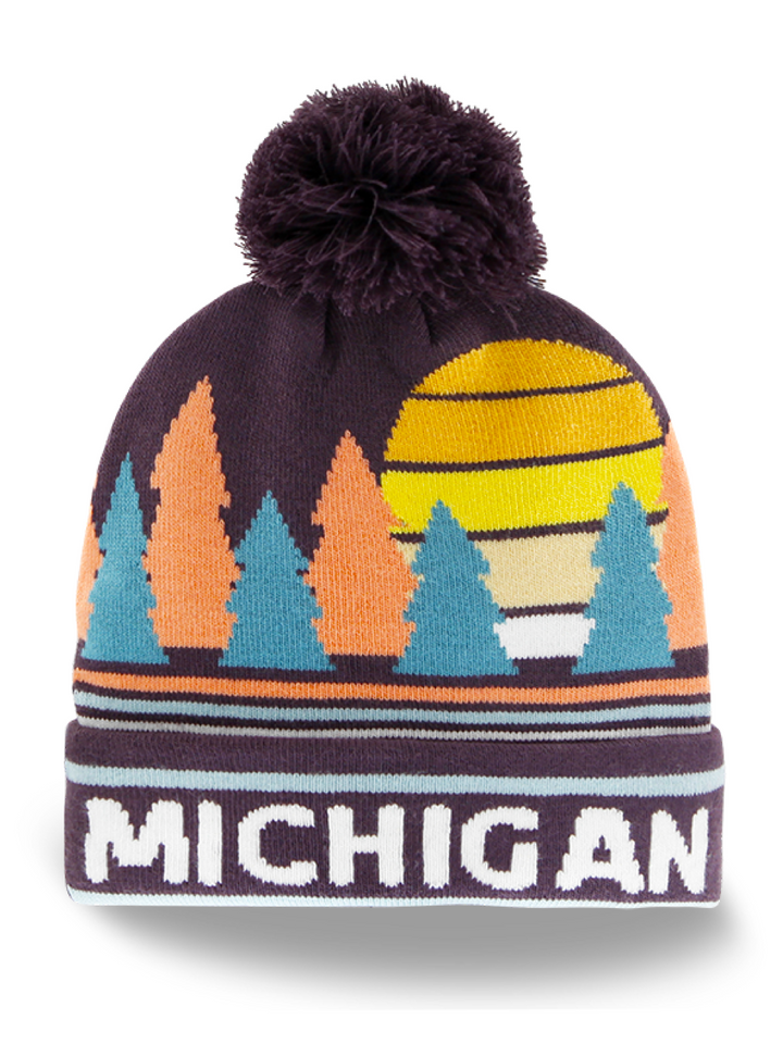Michigan Winter Warm Knit Beanie with Sunset Forest Landscape Style
