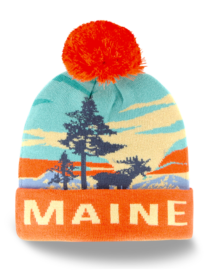 Maine Forest Scenic Knit Beanie Hat with Pom Pom Winter Souvenir