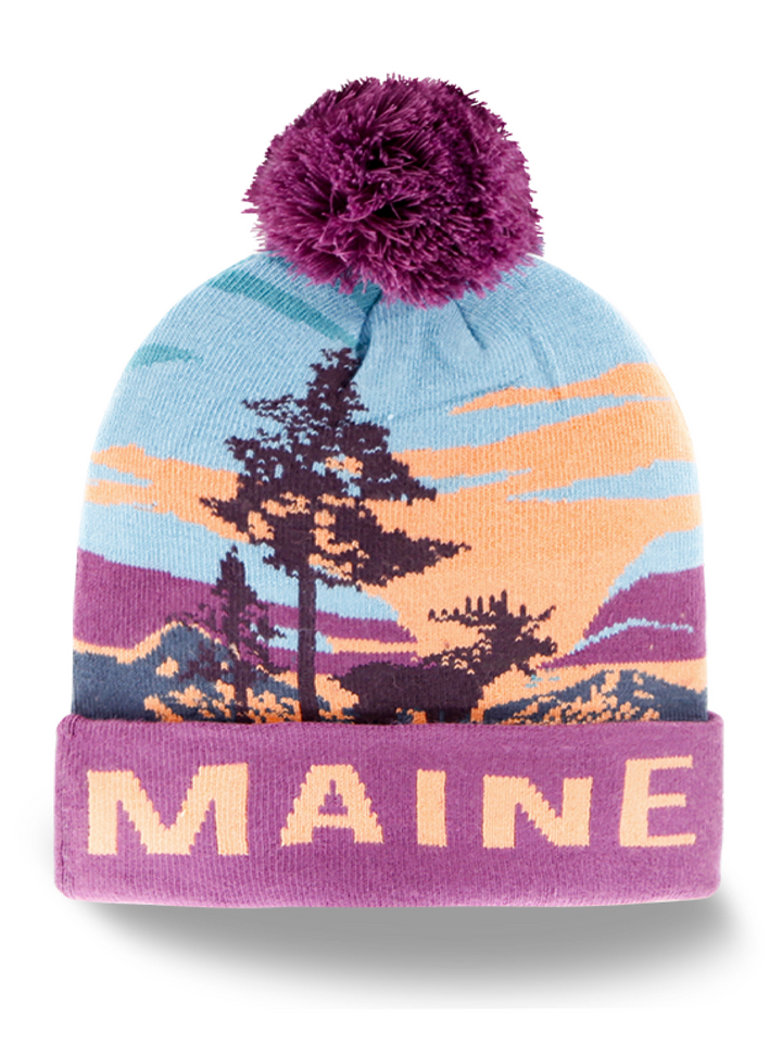 Maine Forest Scenic Knit Beanie Hat with Pom Pom Winter Souvenir