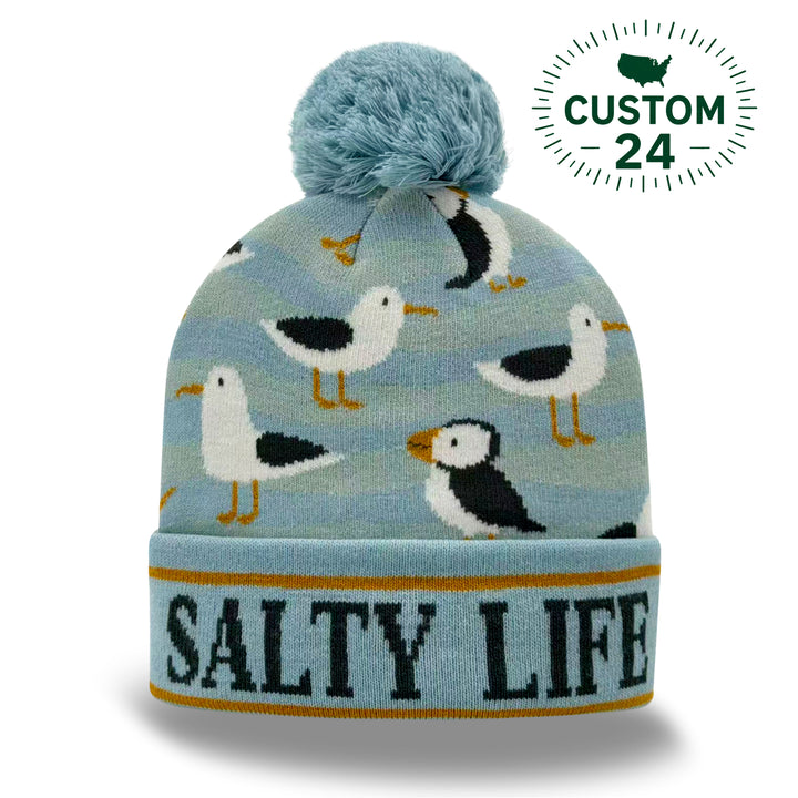 Salty Life Puffin & Seagull Knit Pom Pom Beanie – Coastal Ocean Winter Hat