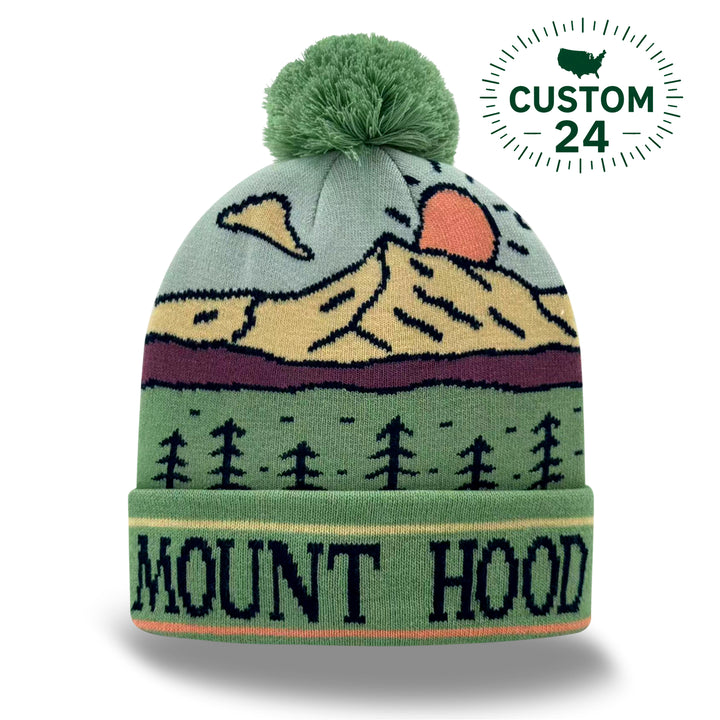 Mount Hood Sunset Knit Pom Pom Beanie – Oregon Mountain Winter Hat