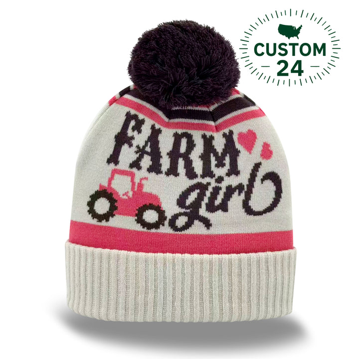 Farm Girl Tractor Knit Pom Pom Beanie – Country Style Winter Hat