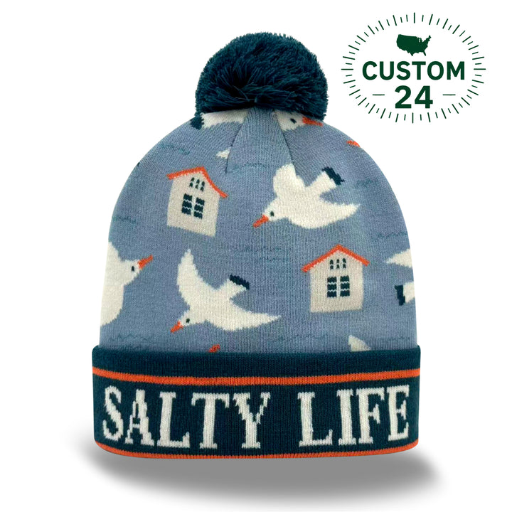 Salty Life Seagull & Beach House Knit Pom Pom Beanie – Coastal Winter Hat