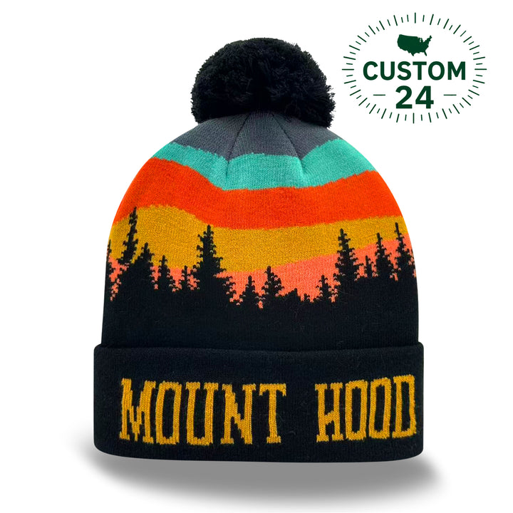 Mount Hood Sunset Forest Knit Pom Pom Beanie – Oregon Mountain Winter Hat