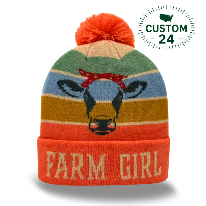 Farm Girl Cow Knit Pom Pom Beanie – Country Style Winter Hat
